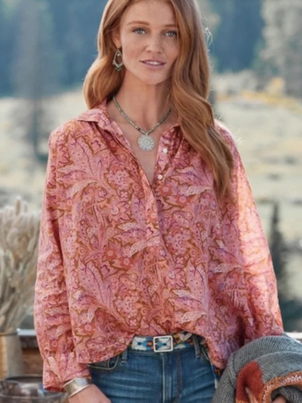 Sundance Bloom Paisley Floral Lace Boho Popover Blouse - L